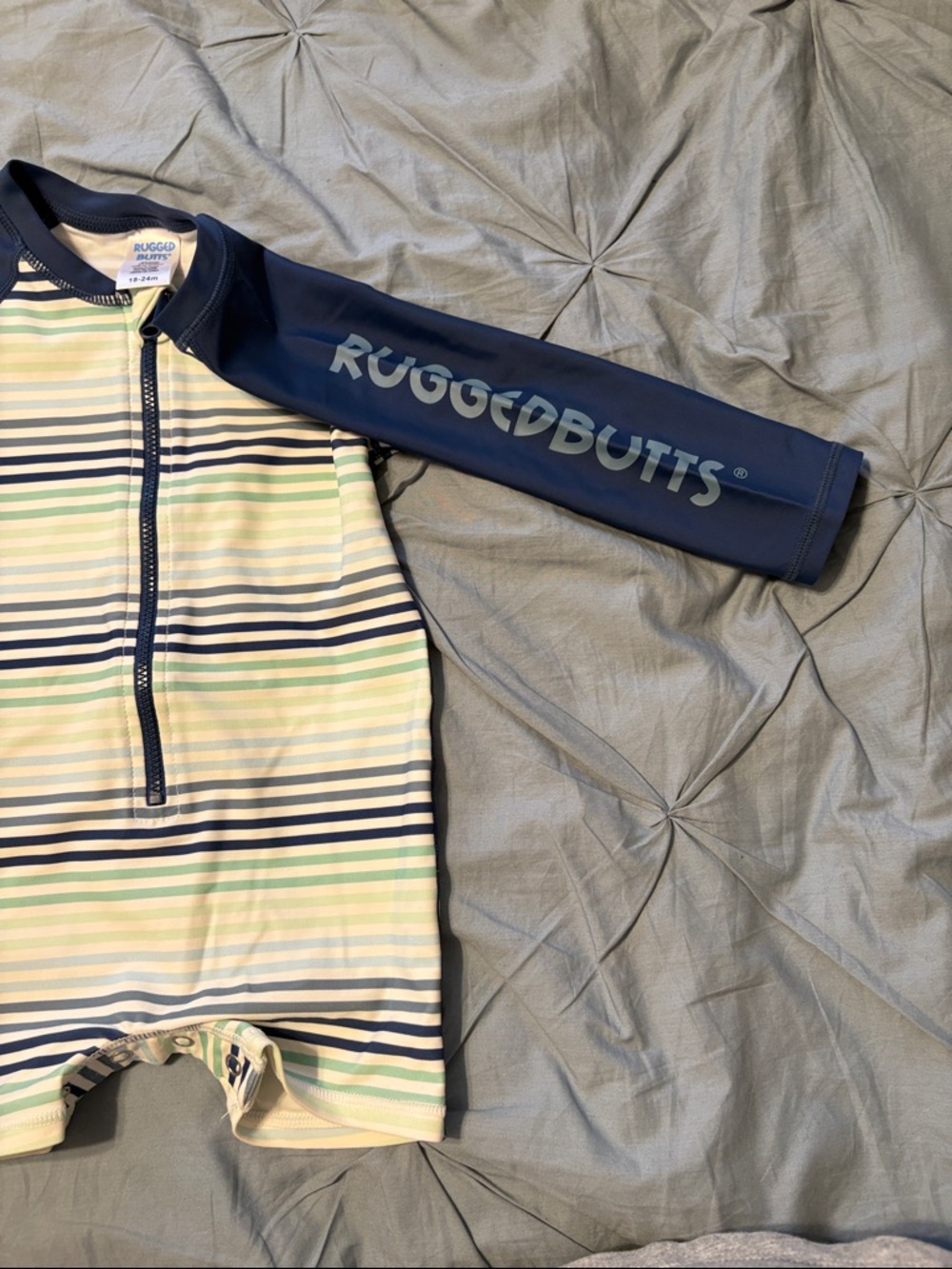 Rugged Butts Navy & Stripe Long-Sleeve Rash Guard One-Piece Swimsuit 18-24M - Picture 2 of 6